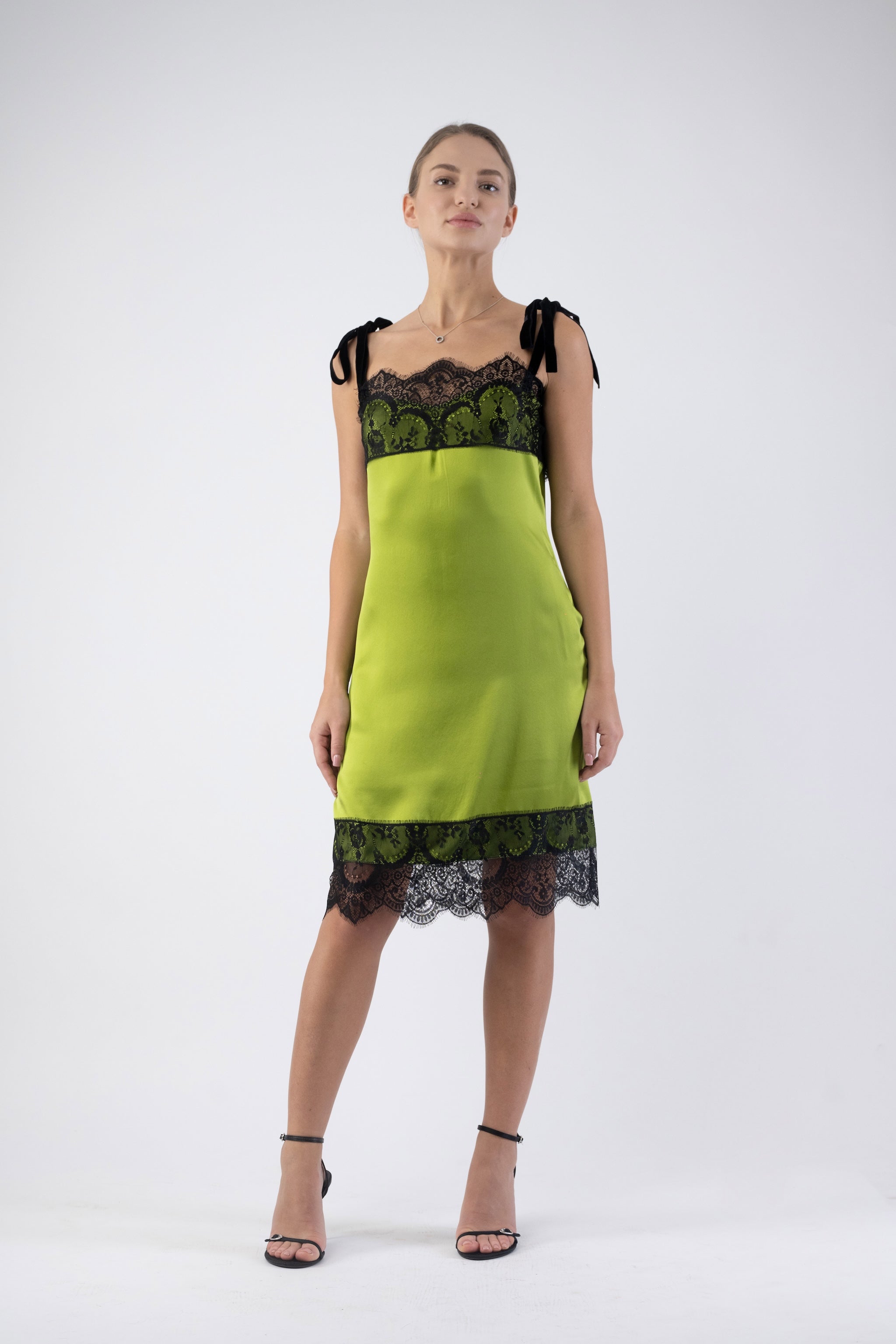 Green Silk Slip Dress with French Lace and Velvet Straps by DrevelmaN Green / Silk / L Green Silk Slip Dress with French Lace and Velvet Straps by DrevelmaN Green / Silk / L