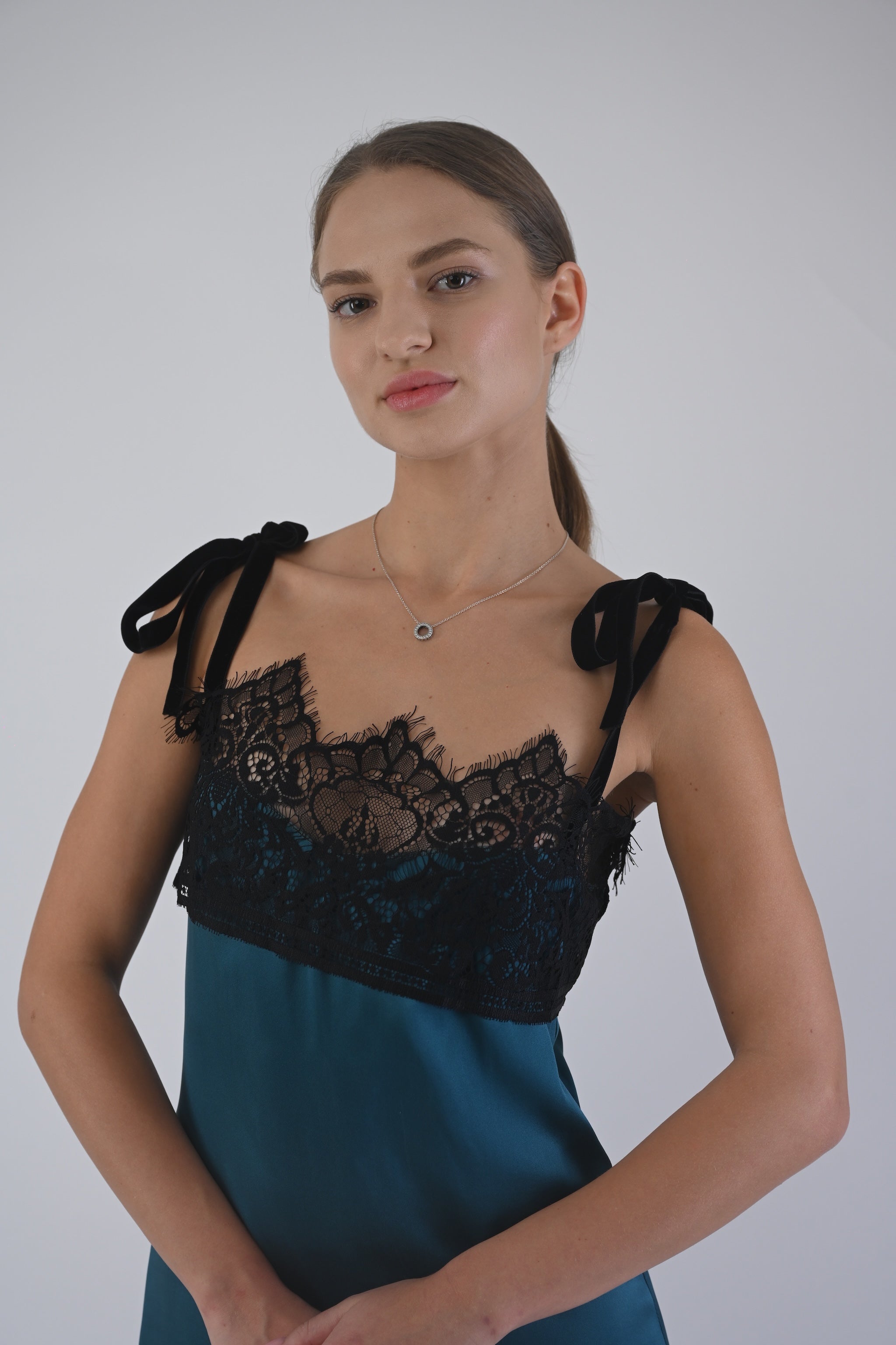 Blue Silk Slip Dress with French Lace and Velvet Straps by DrevelmaN Navy / S / Silk Blue Silk Slip Dress with French Lace and Velvet Straps by DrevelmaN Navy / S / Silk