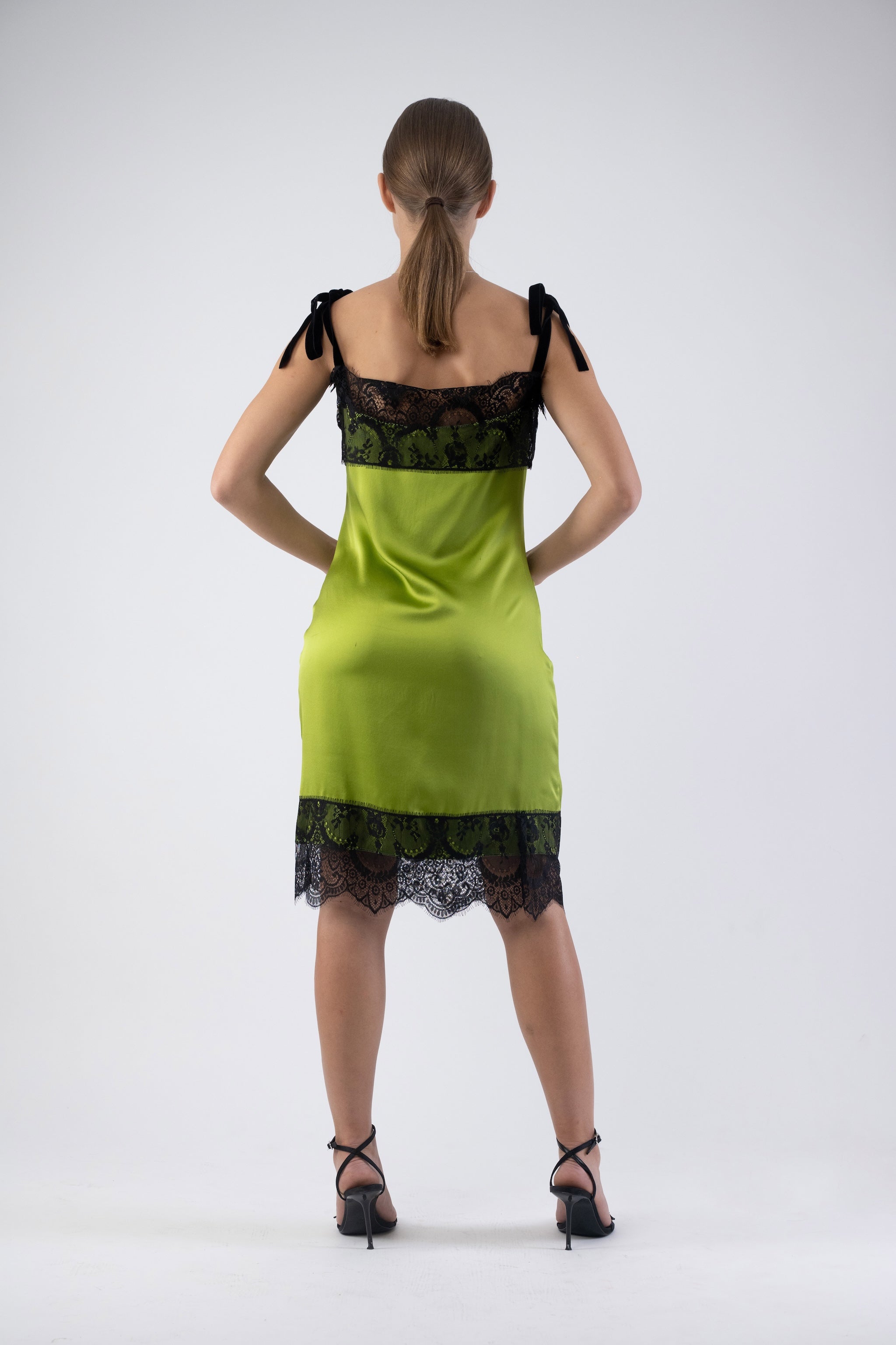 Green Silk Slip Dress with French Lace and Velvet Straps by DrevelmaN Green Silk Slip Dress with French Lace and Velvet Straps by DrevelmaN